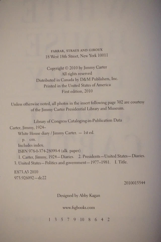 White House Diary by Jimmy Carter 2010 -With Signed Photo Jimmy & Rosalynn Carter