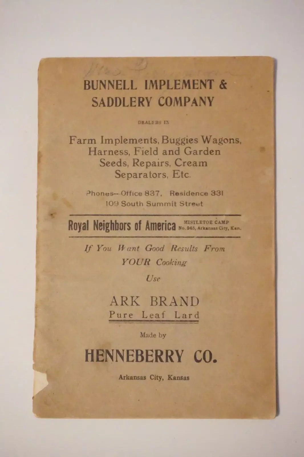Very Rare Arkansas City, Kansas Cookbook - Early 1900's