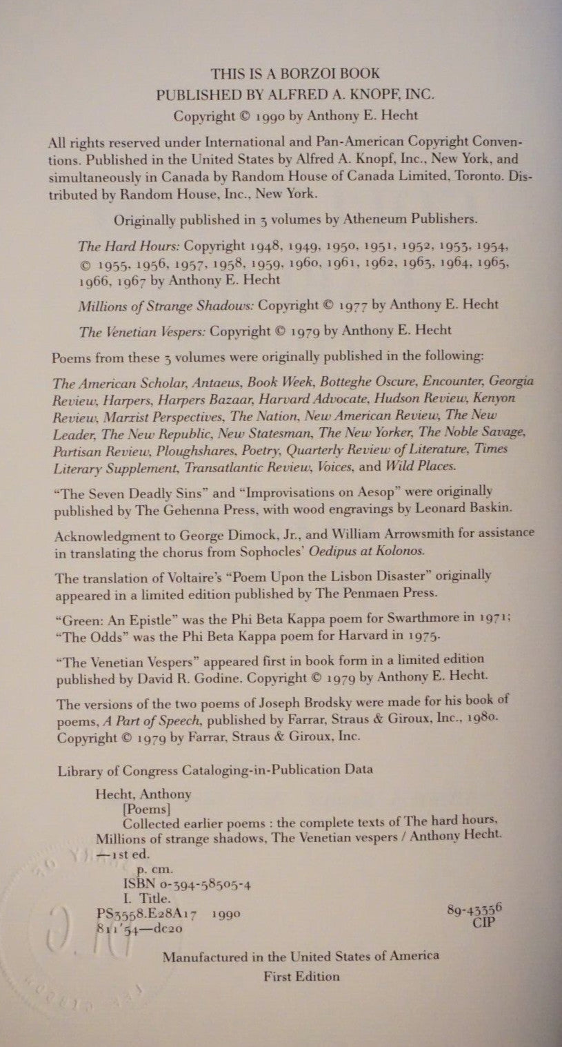 Collected Earlier Poems by Anthony Hecht 1990 Signed 1st Edition HC DJ