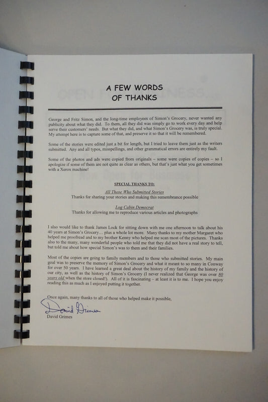 Stories From Simon's Grocery of Conway, Arkansas by David Grimes 2000 Spiral