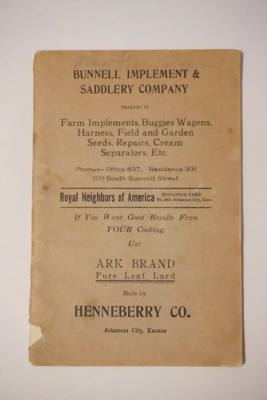 Very Rare Arkansas City, Kansas Cookbook - Early 1900's