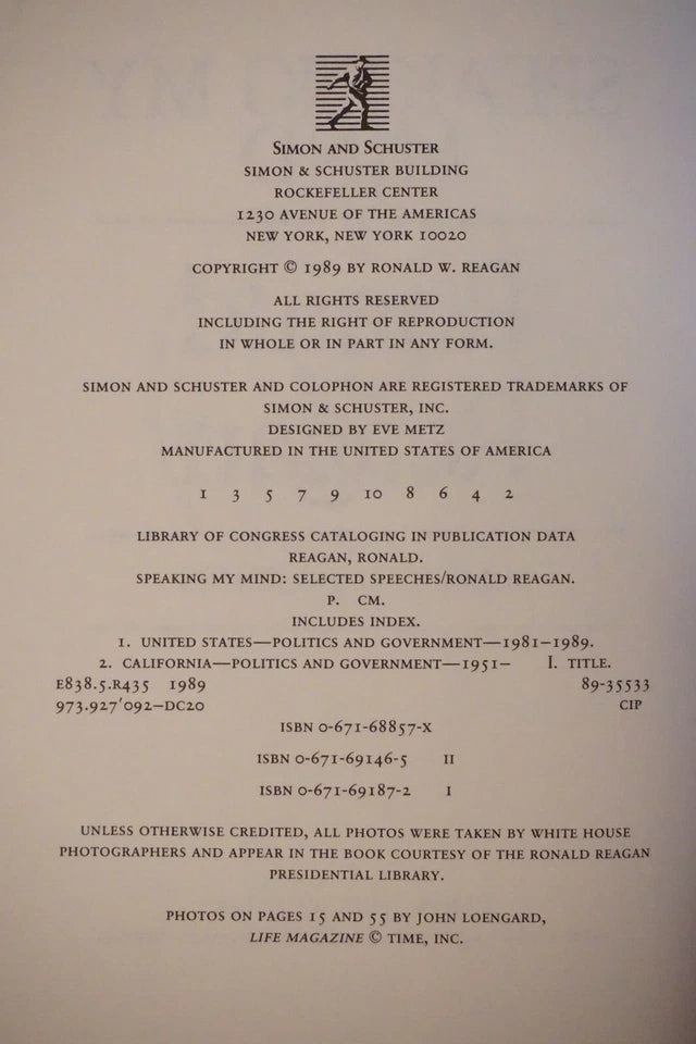 Speaking My Mind by Ronald Reagan 1989 - Signed 1st Edition