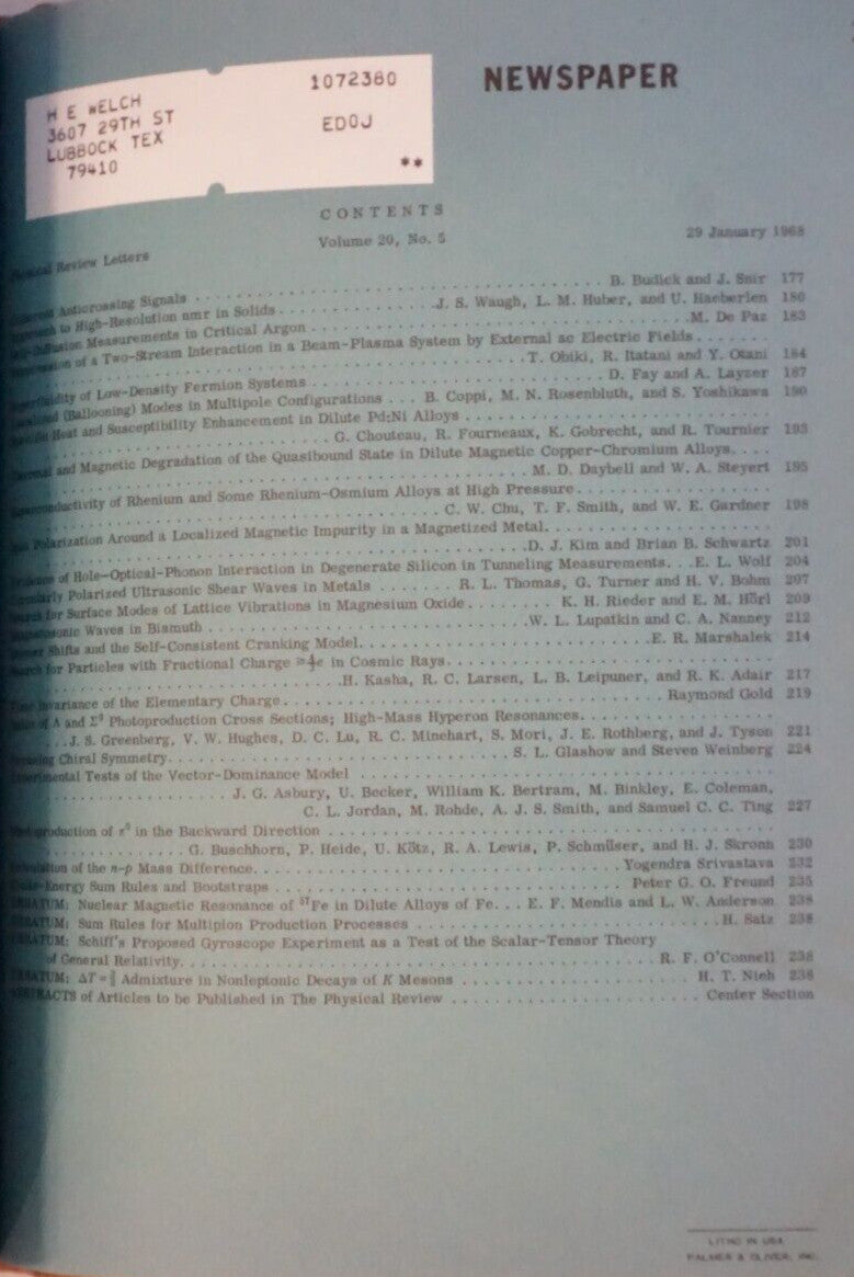 Physical Review Letters 1968 Volume 20 Number 1-26