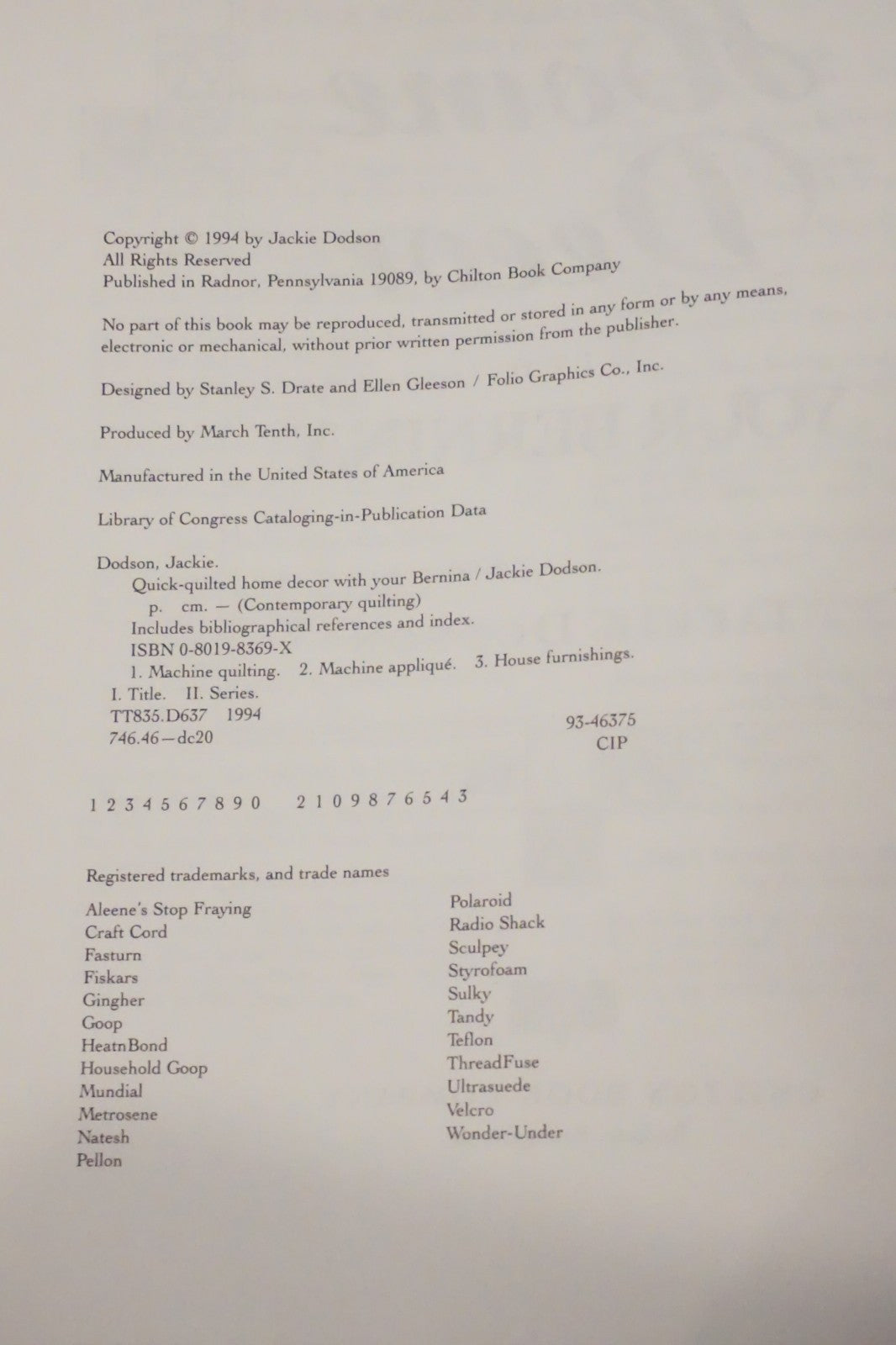 Quick-Quilted Home Decor with Your Bernina Jackie Dodson Chilton 1994 Machine Quilting Book