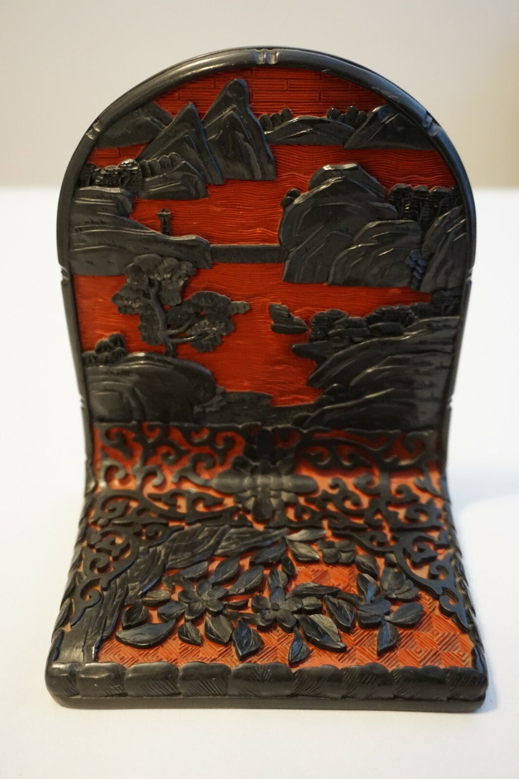Pair Chinese Antique Cinnabar Lacquer Scenic Bookends
