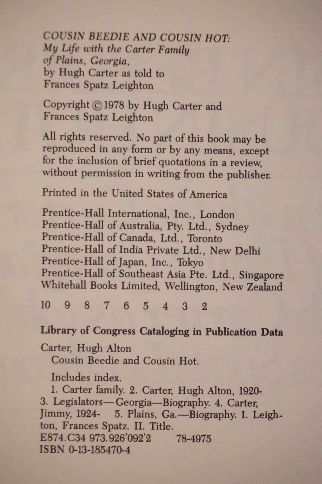 Cousin Beedie and Cousin Hot 1978 Signed by Jimmy Carter and Hugh Carter HC DJ