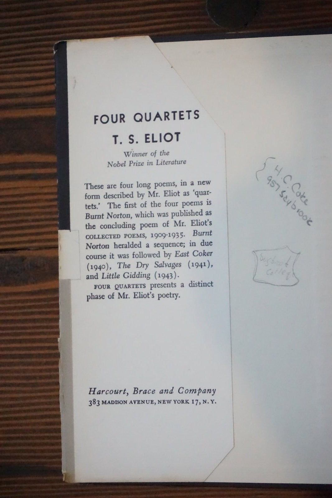 Four Quartets T S Eliot Harcourt Brace Hardcover Dust Jacket