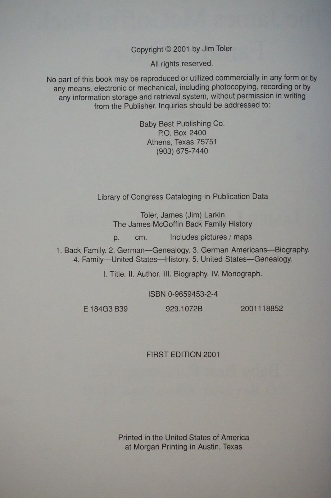 James Larkin Toler Collection - Back and Toler Family History