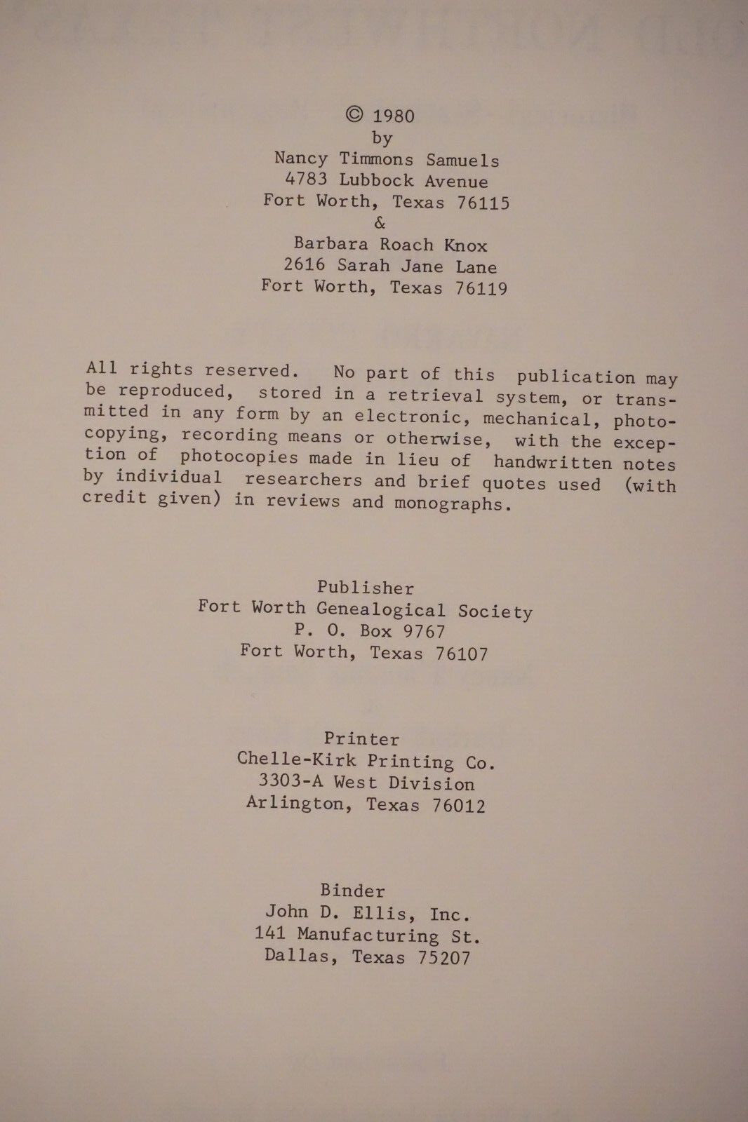 Old Northwest Texas Navarro County 1846-1860 - Hardback - Geneology History