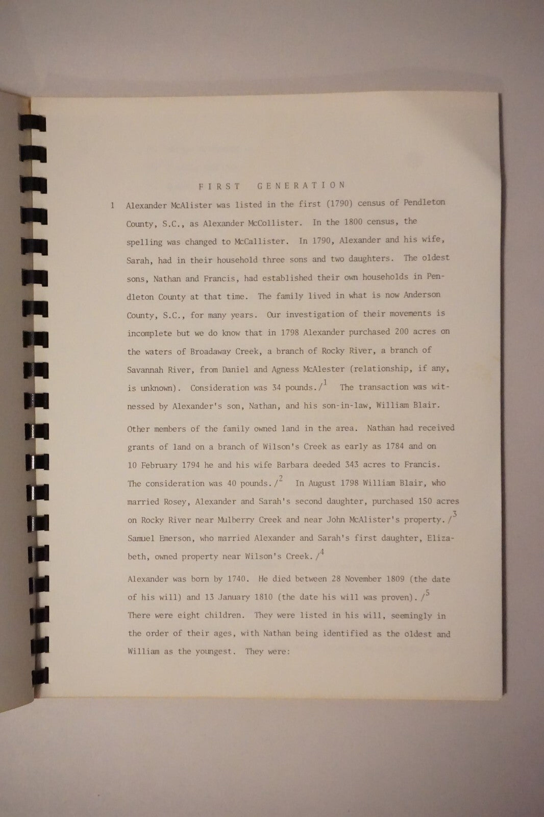 Notes On The Family of Alexander McAlister by Frank D. McAlister 1979 Genealogy