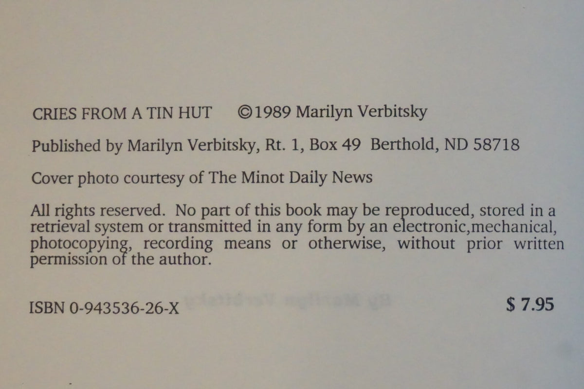 Cries From A Tin Hut by Marilyn Verbitsky 1989 Signed
