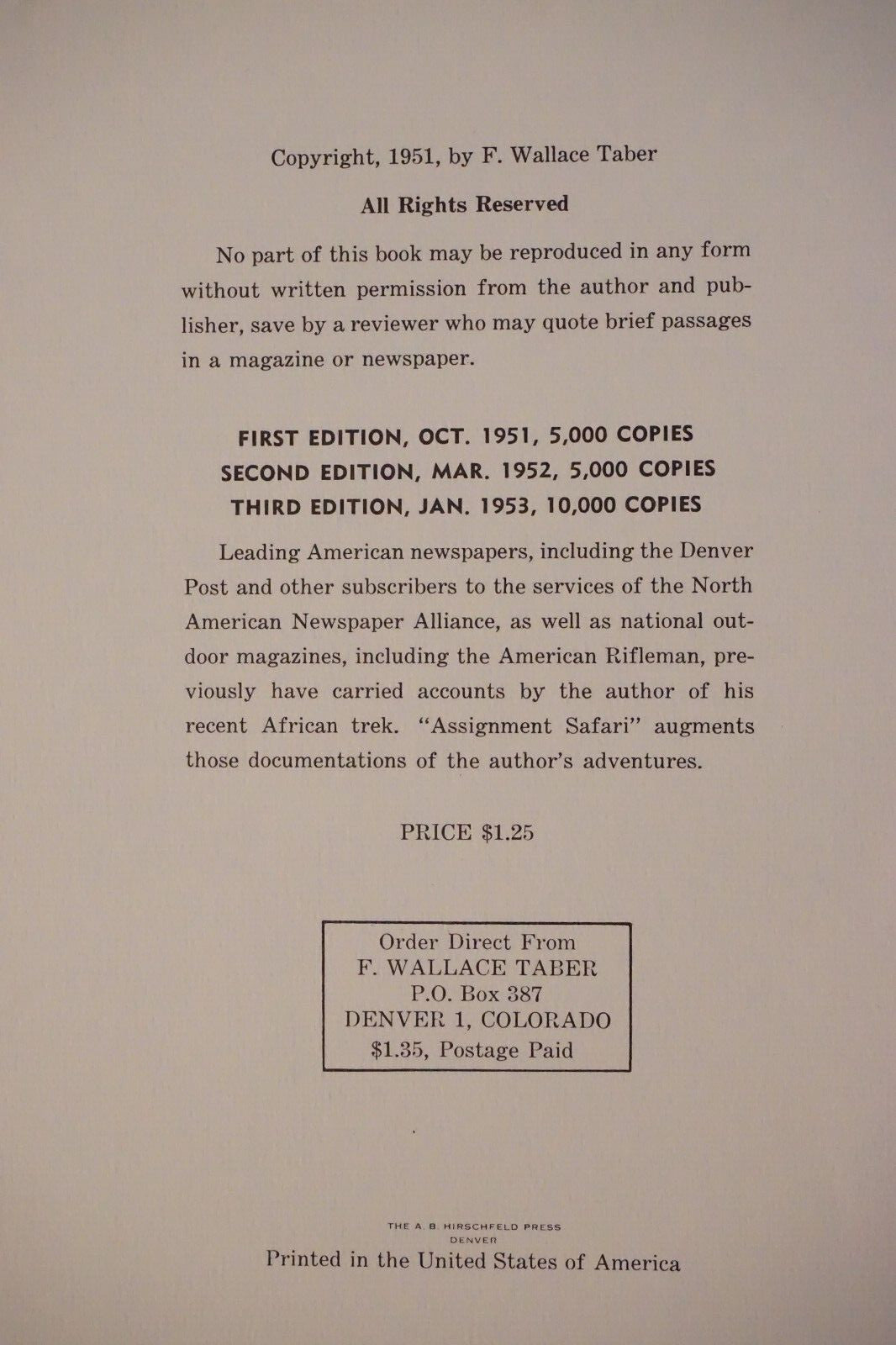 Safari Sagas by Wallace Tabor 1953  Limited Edition Signed Hardcover