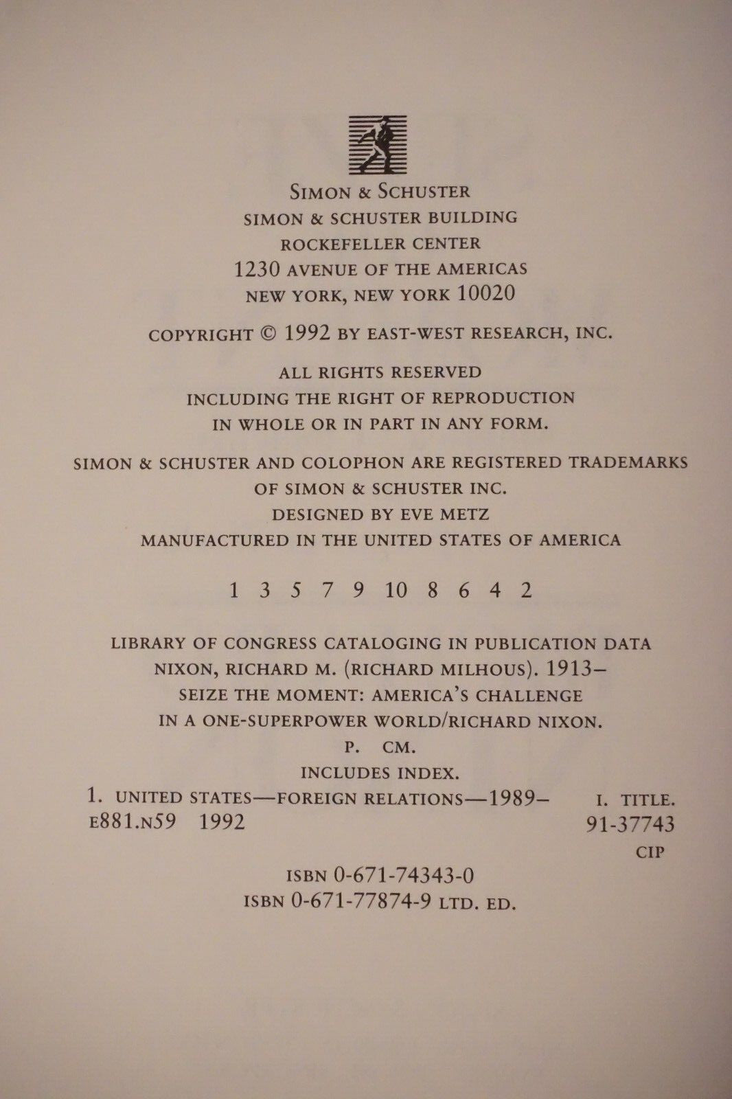 Seize The Moment by Richard Nixon 1992 Signed HC DJ