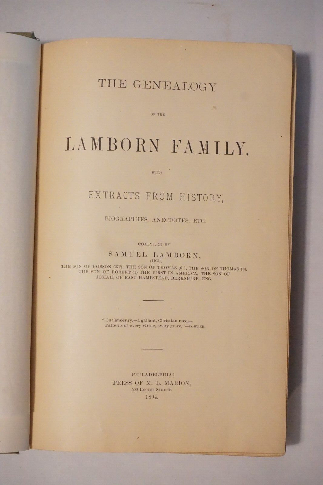 The Genealogy of The Lamborn Family by Samuel Lamborn 1894 Hardcover