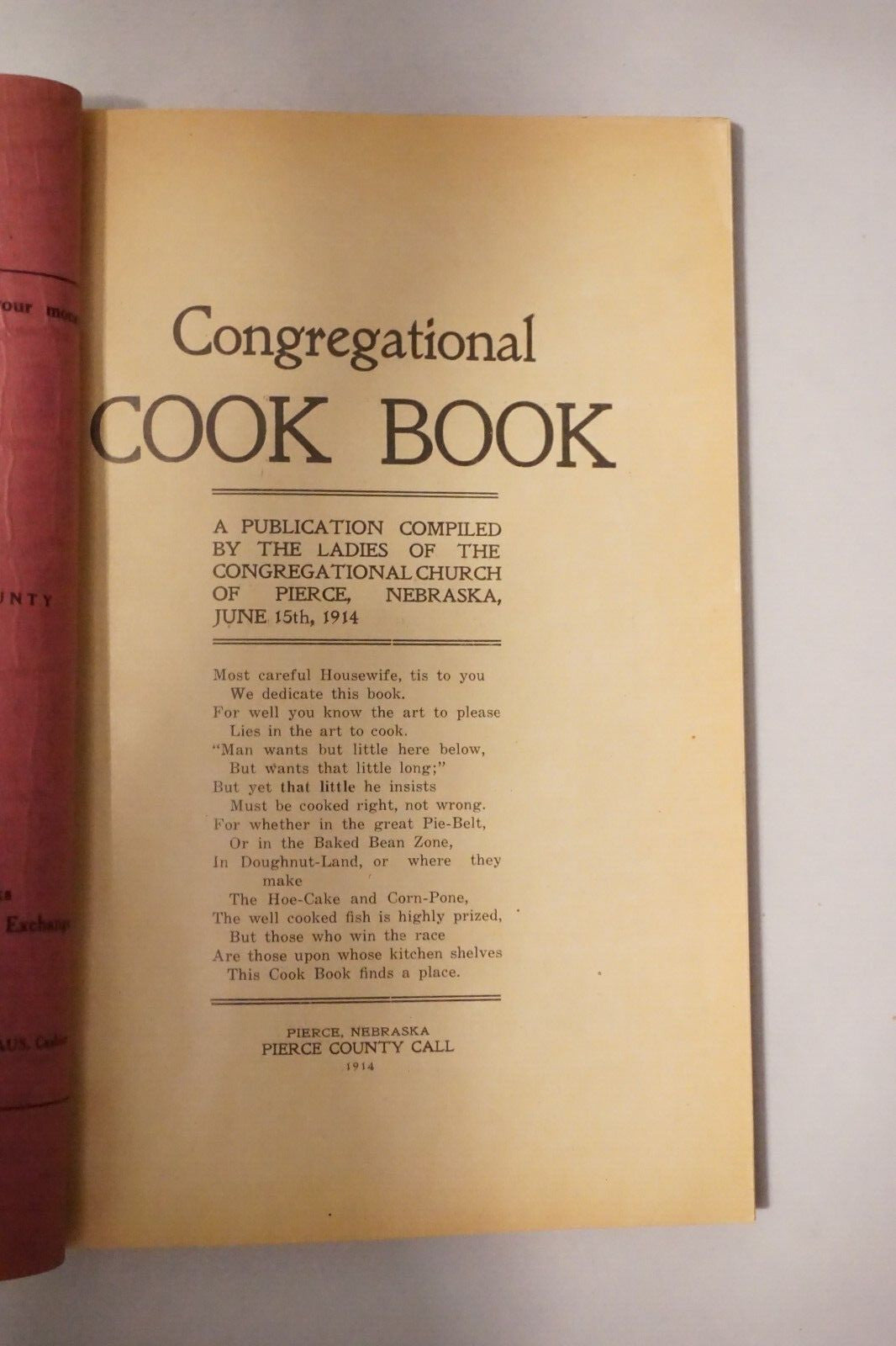 Rare Congregational Cook Book by Congregational Church of Pierce, Nebraska 1916