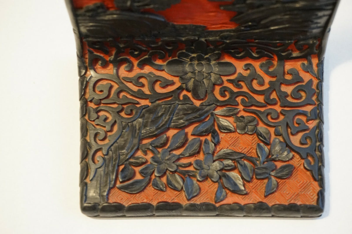 Pair Chinese Antique Cinnabar Lacquer Scenic Bookends