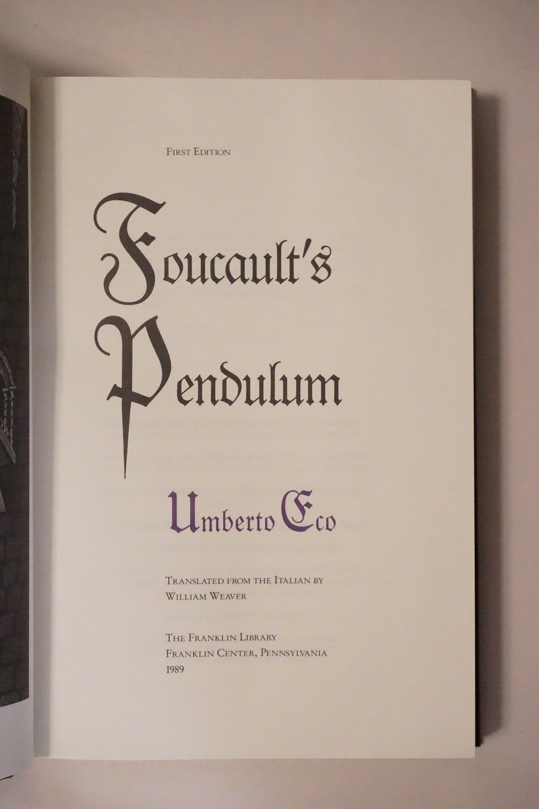 Foucault's Pendulum by Umberto Eco 1989 Signed 1st Edition