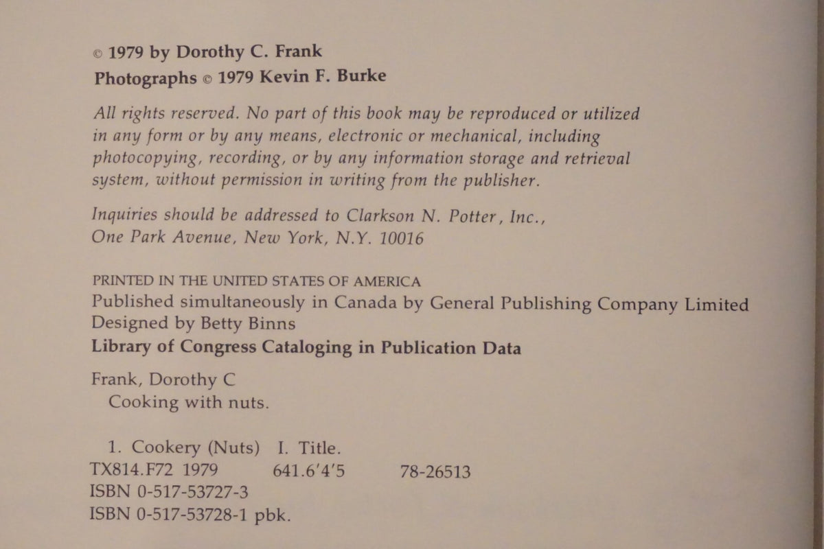 Cooking With Nuts by Dorothy C. Frank 1979 Hardcover Dust Jacket