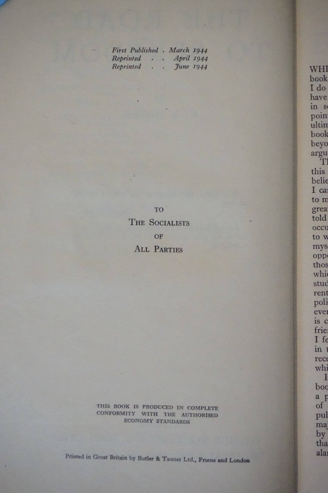 The Road To Serfdom by F. A. Hayek 1944 Third British Impression HC DJ