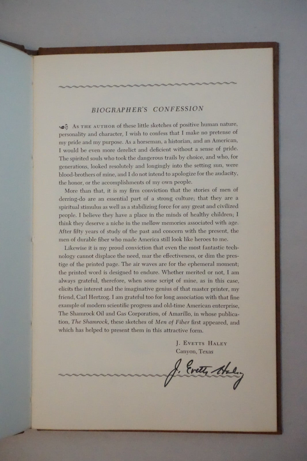 Men of Fiber by J. Evetts Haley 1967 Signed by Haley and Hertzog Hardcover