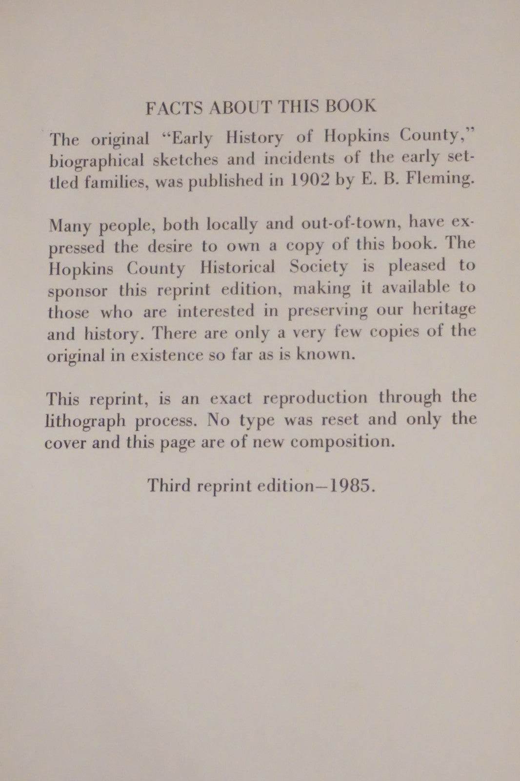 Early History of Hopkins County Texas Fleming 1985 Reprint Hardcover