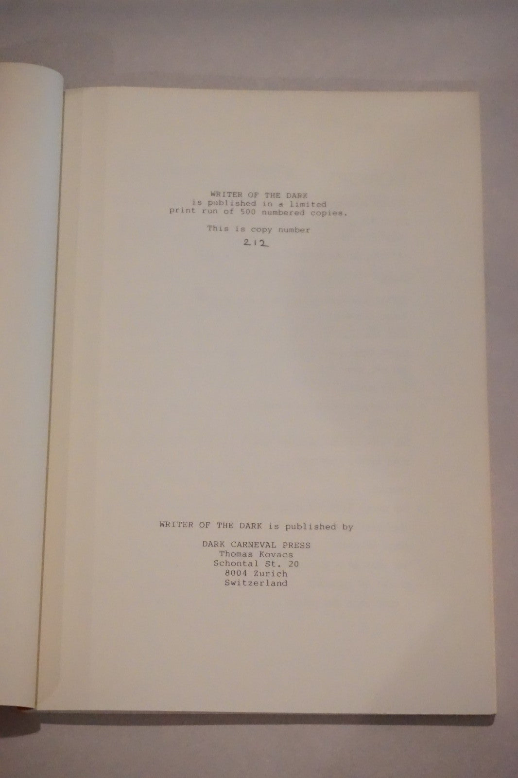 Writer of the Dark by Robert E. Howard 1986 Softcover Limited Edition