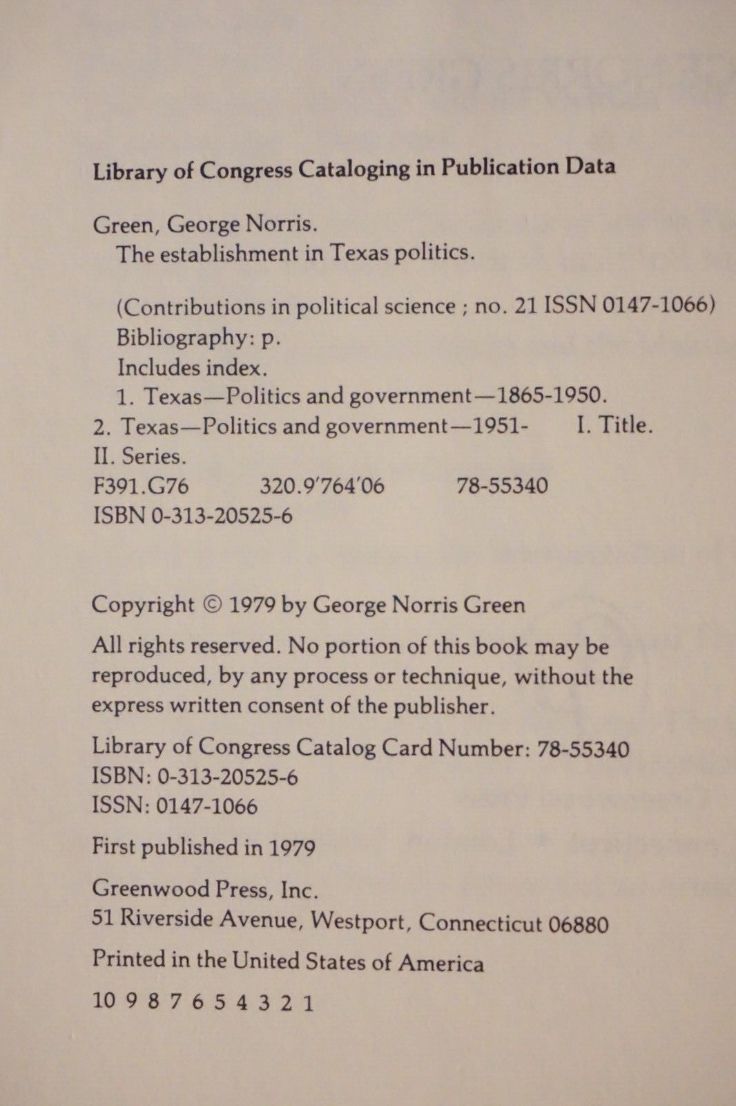 The Establishment in Texas Politics by George Norris Green 1979 Signed HC