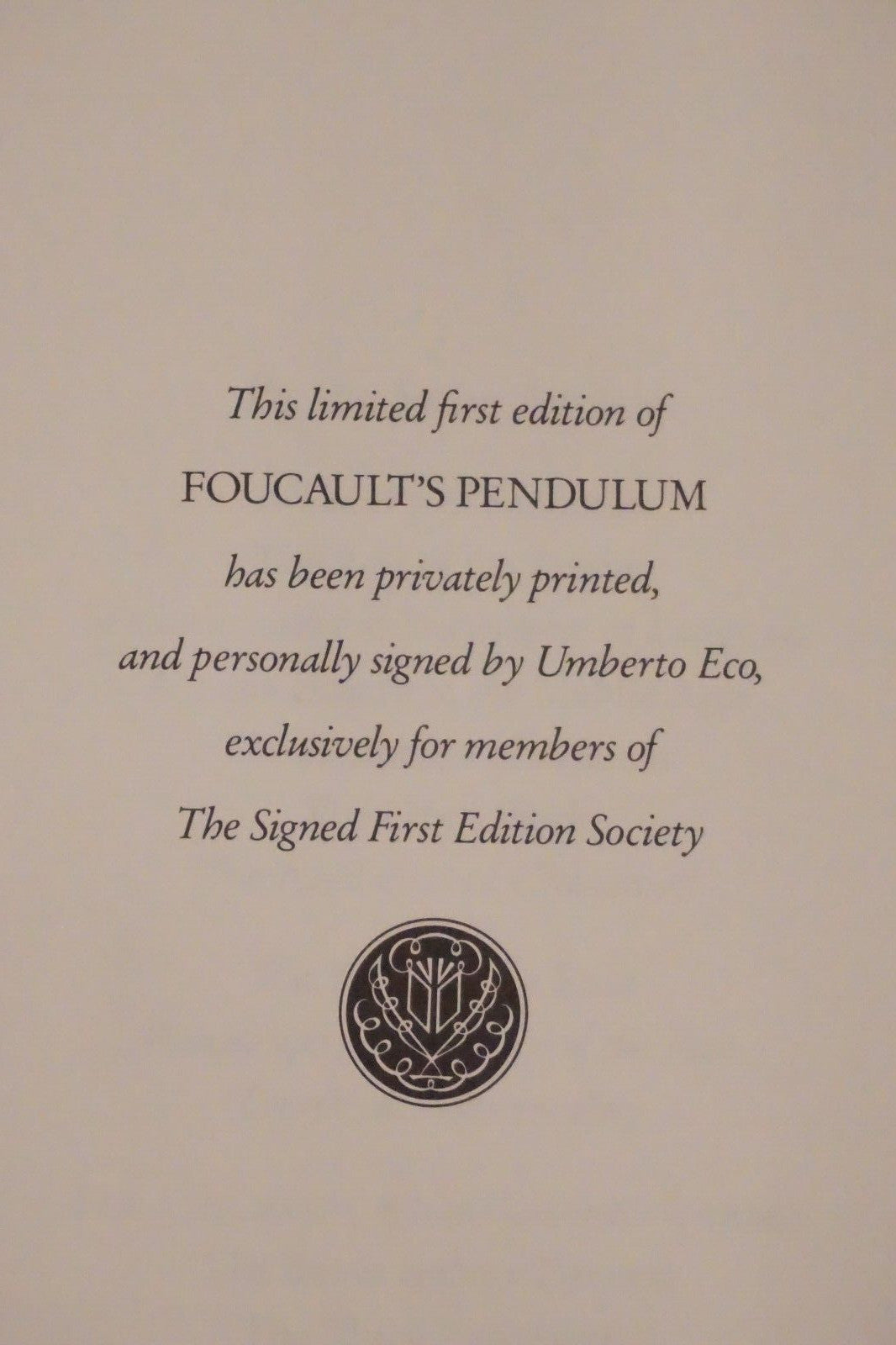Foucault's Pendulum by Umberto Eco 1989 Signed 1st Edition