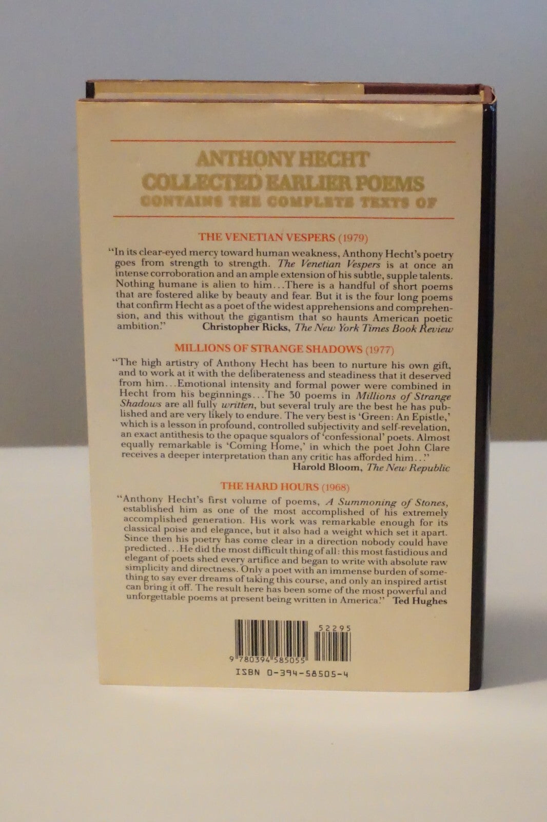 Collected Earlier Poems by Anthony Hecht 1990 Signed 1st Edition HC DJ