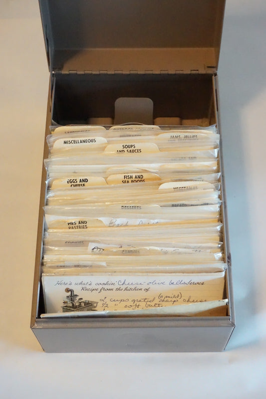 Collection of 135 Handwritten, Typed, & Clipped Recipes in Green Metal Box