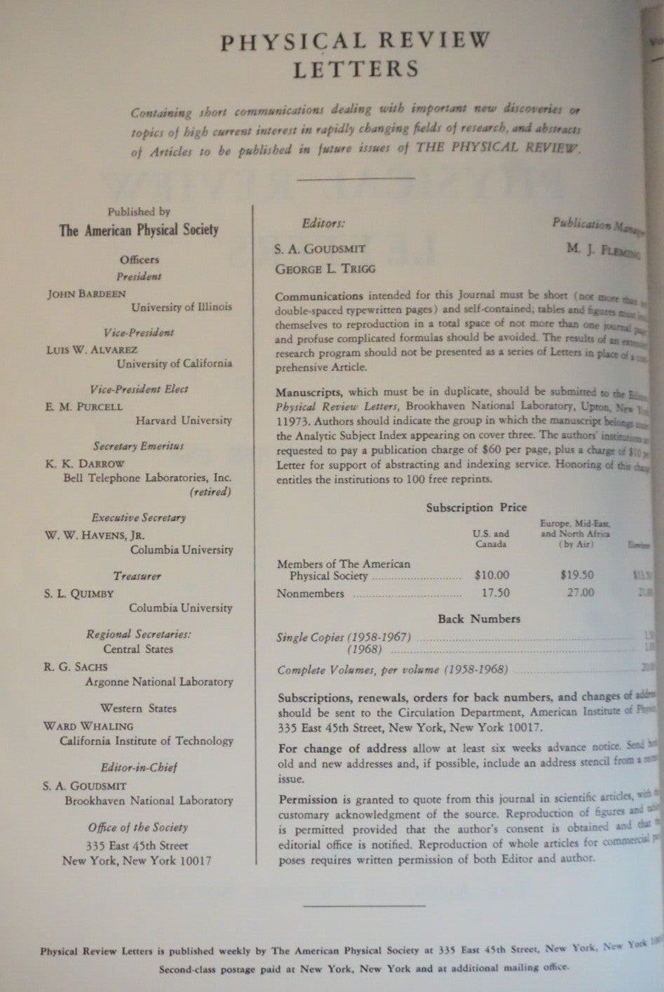 Physical Review Letters 1968 Volume 21 Number 1-26