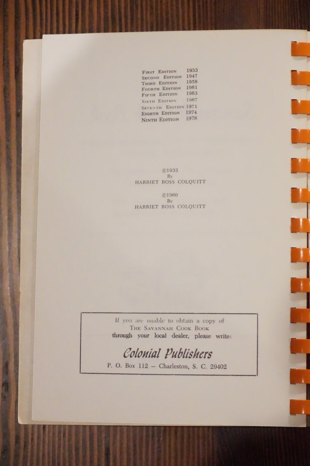 The Savannah Cook Book Harriet Ross Colquitt Colonial Publishers Comb