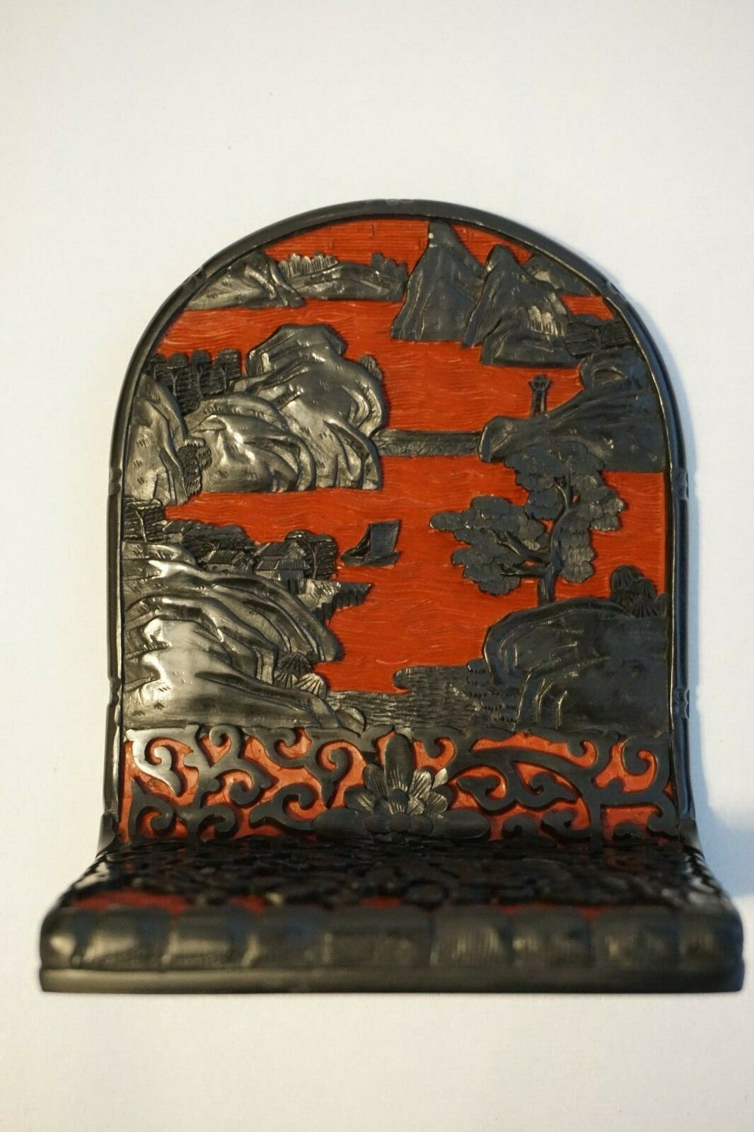 Pair Chinese Antique Cinnabar Lacquer Scenic Bookends
