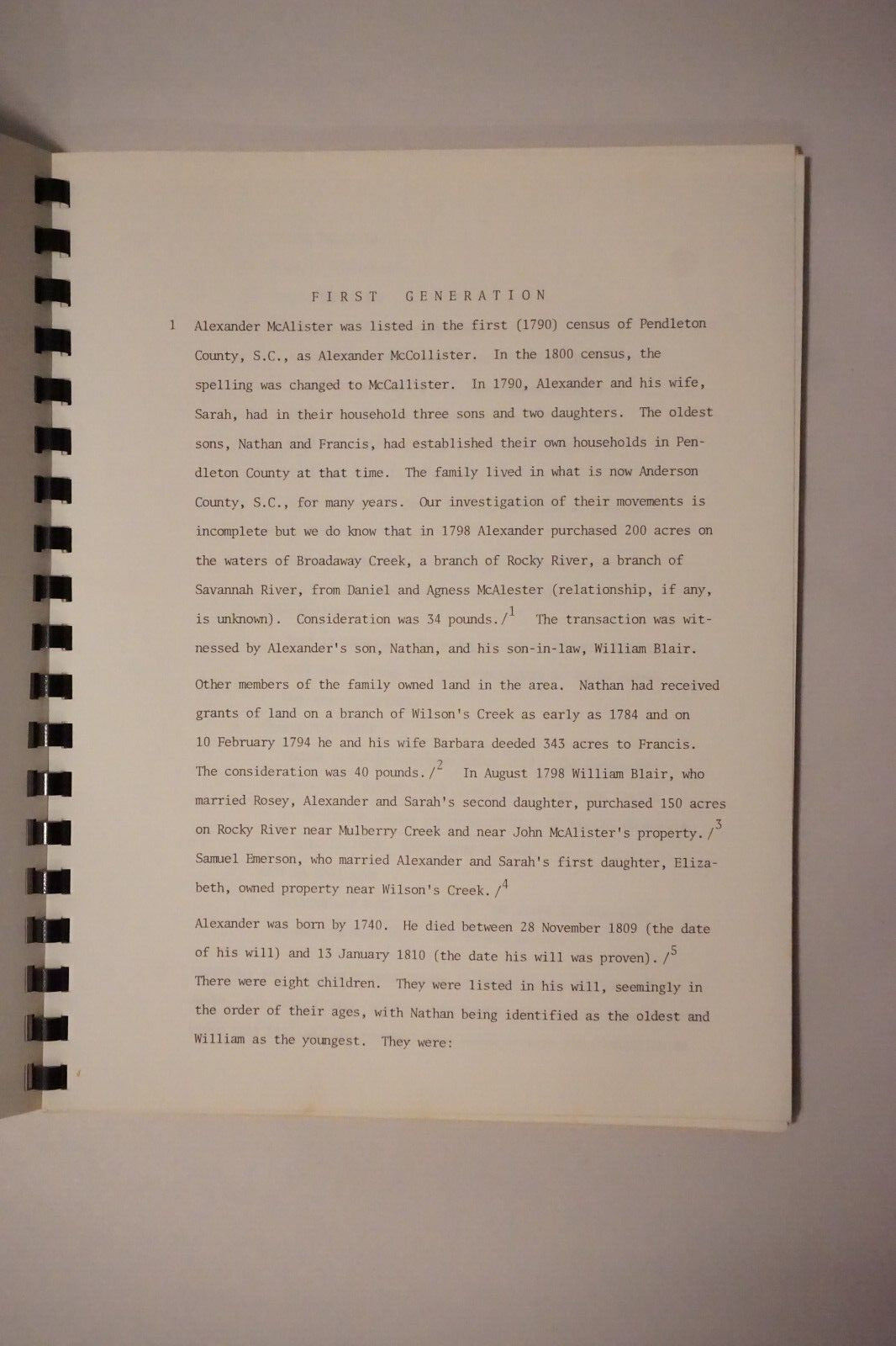 Notes On The Family of Alexander McAlister by Frank D. McAlister 1979 Genealogy