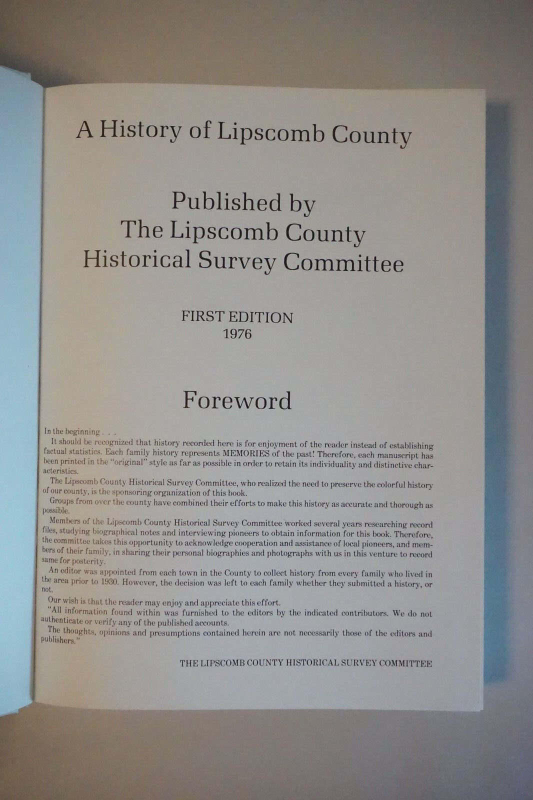 A History of Lipscomb County, Texas 1876-1976