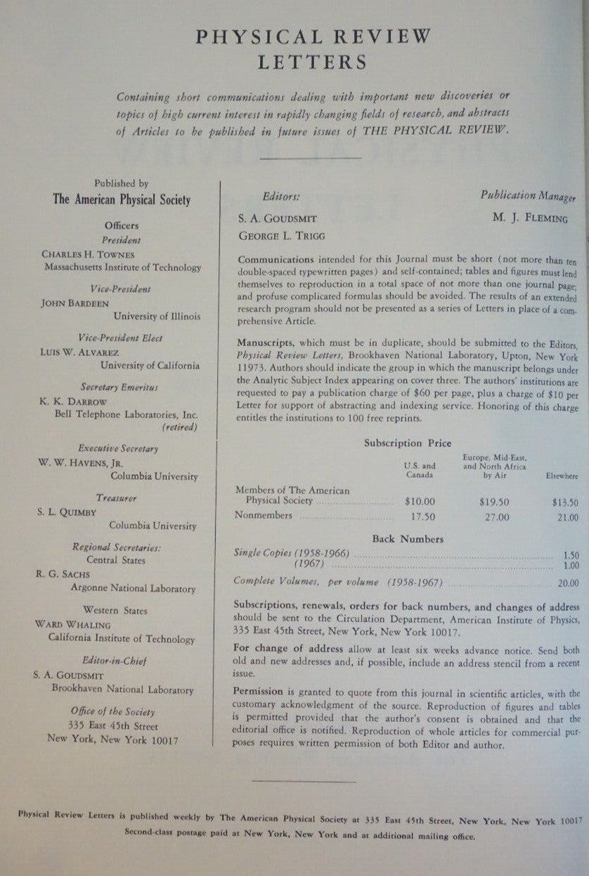 Physical Review Letters 1968 Volume 20 Number 1-26
