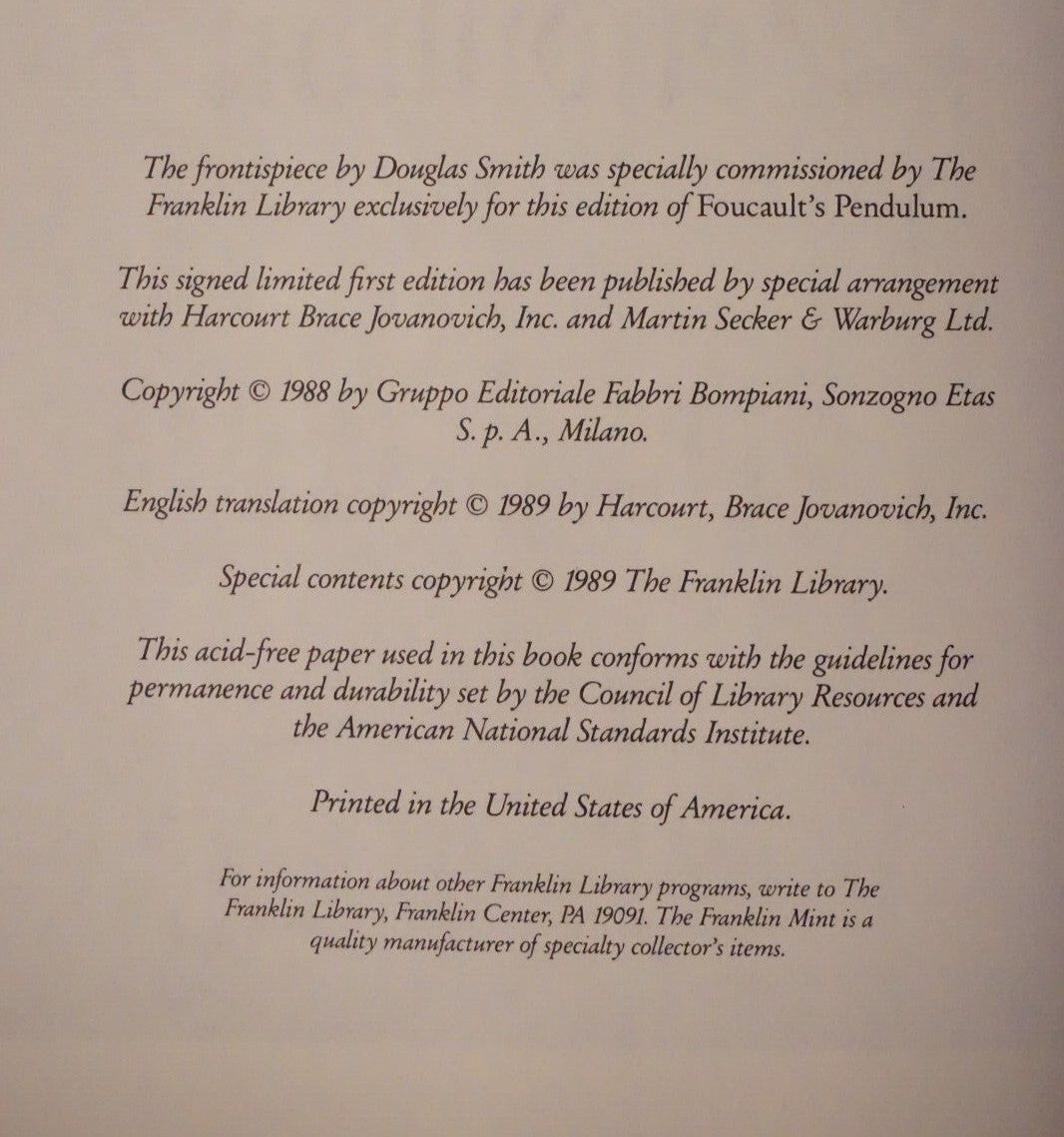 Foucault's Pendulum by Umberto Eco 1989 Signed 1st Edition