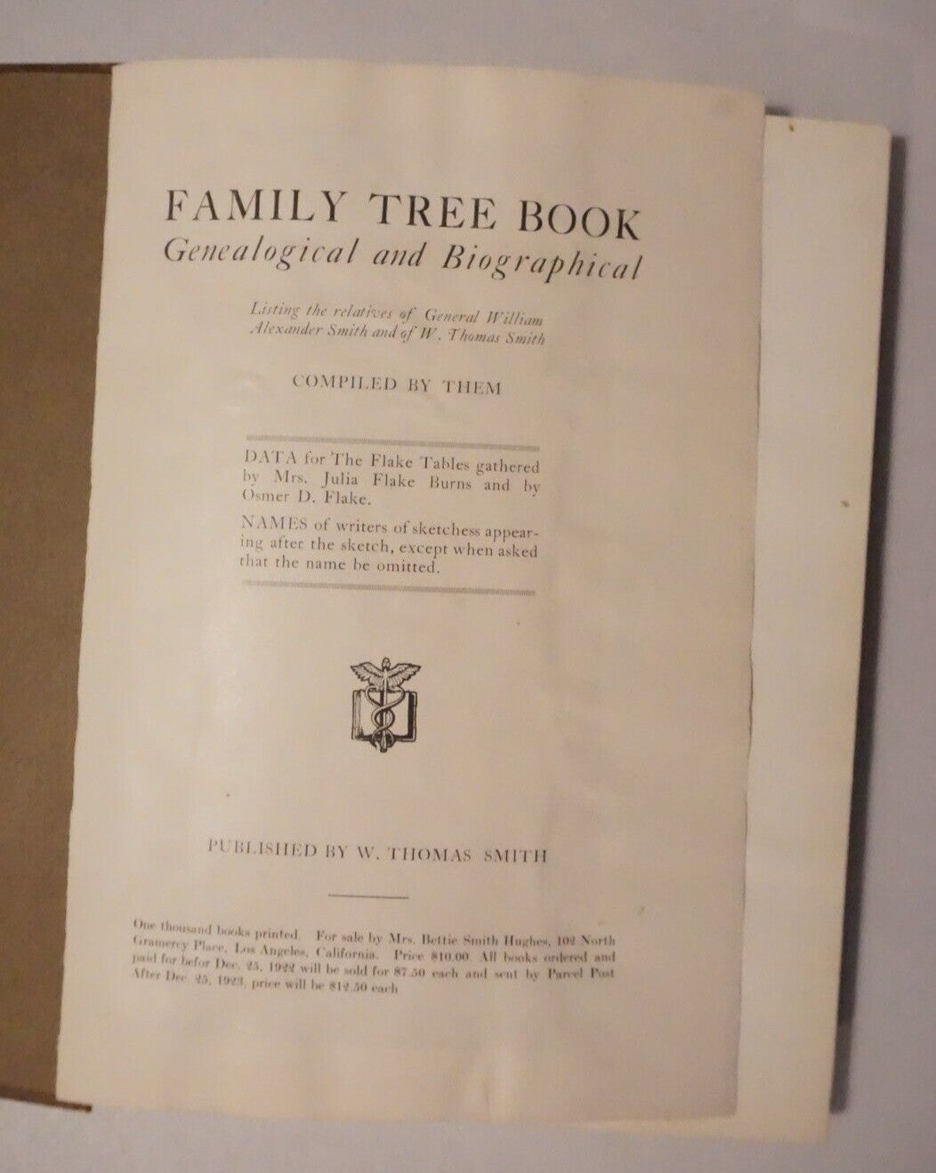 Smith Family Tree Book by W. Thomas Smith 1922 Hardcover