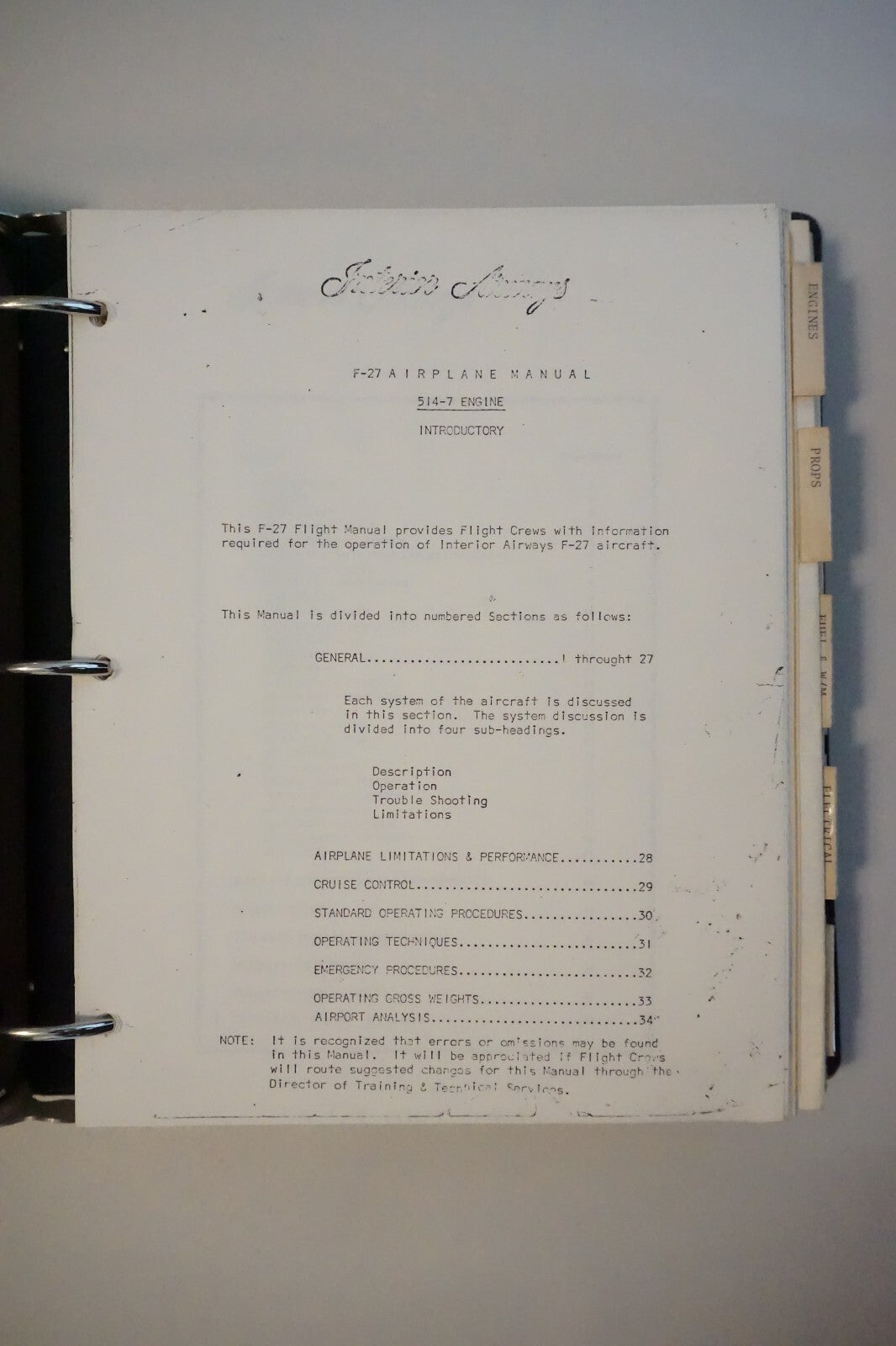 Interior Airways F-27 Airplane Manual For The 514-7 Engine