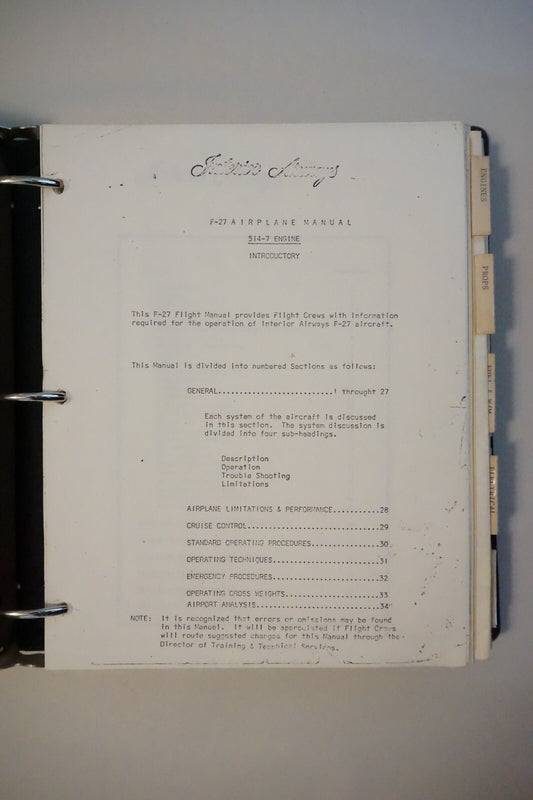 Interior Airways F-27 Airplane Manual For The 514-7 Engine