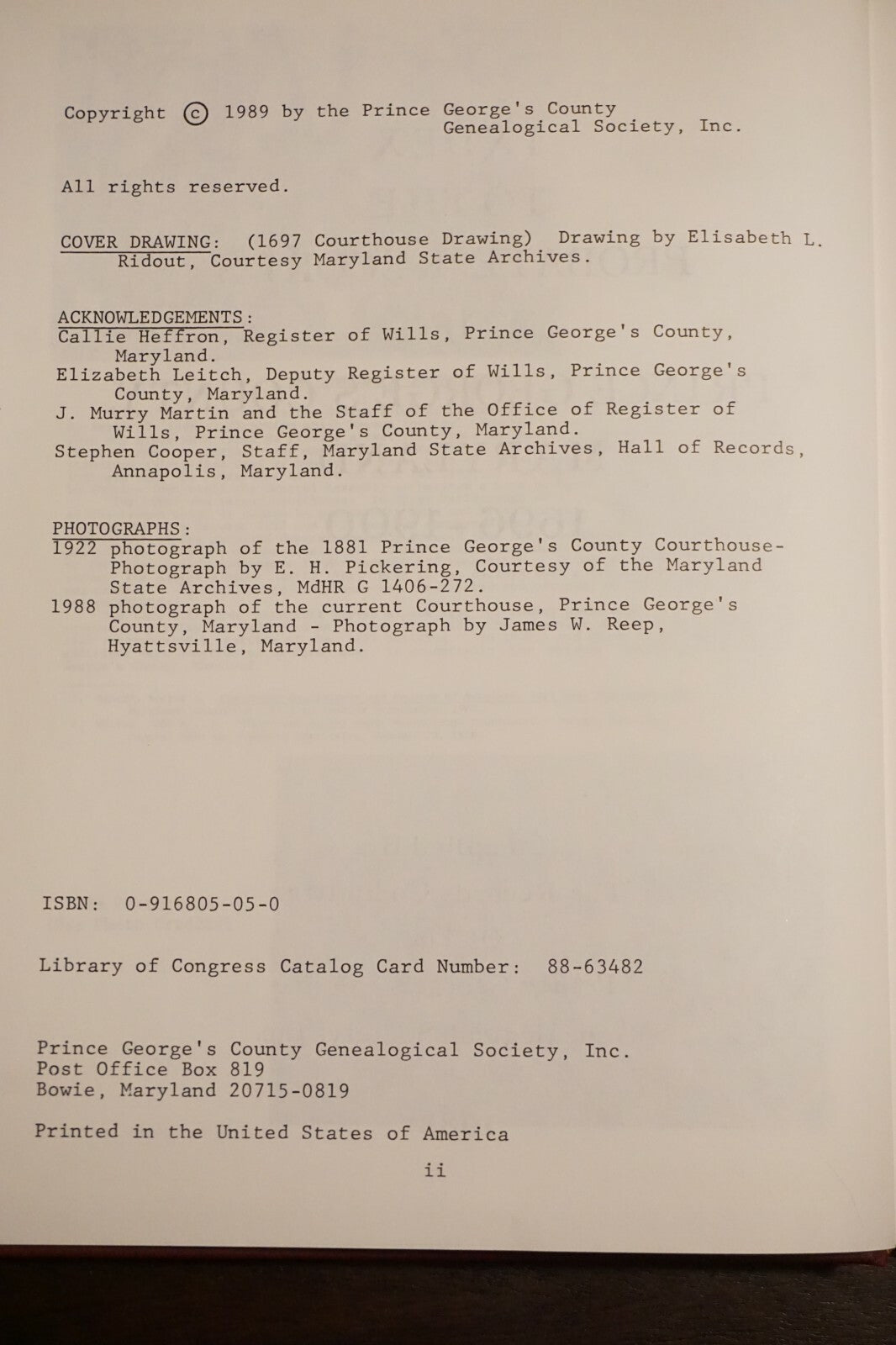 Index to the Probate Records Prince George's County Maryland (1696-1900) 1988 HC