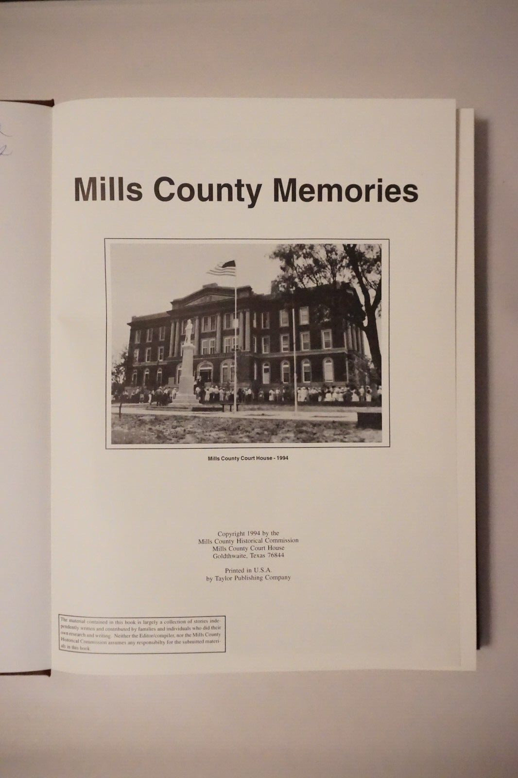 Mills County, Texas Memories 1994 Hardcover