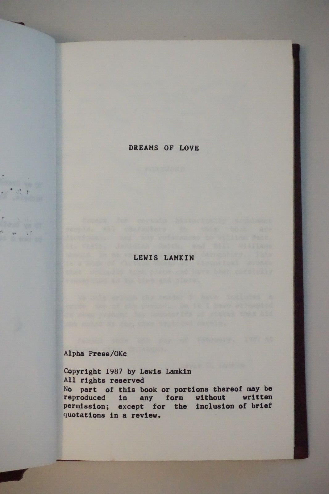Very Rare Copy of Dreams of Love by Lewis Lamkin 1987 Hardcover