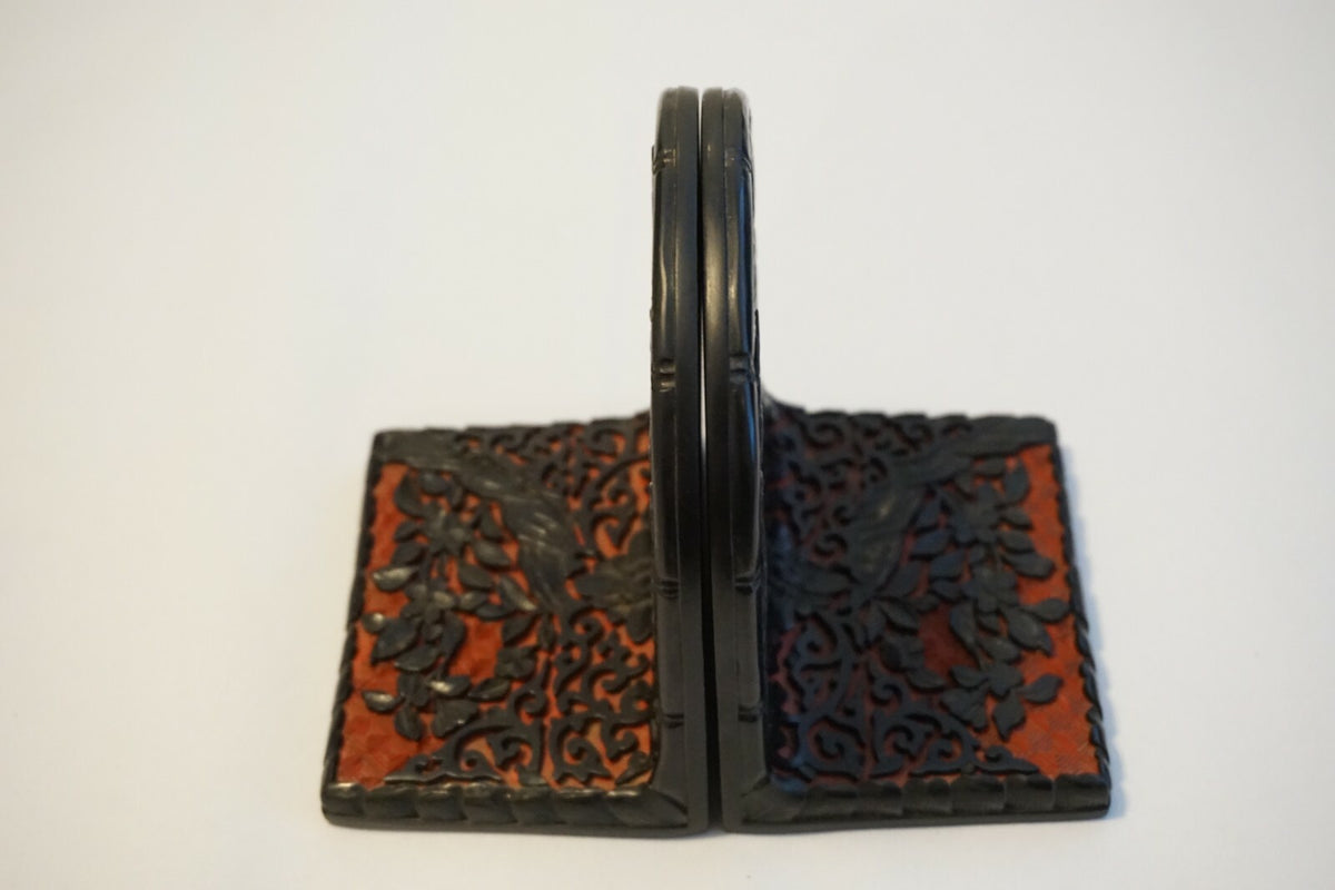 Pair Chinese Antique Cinnabar Lacquer Scenic Bookends
