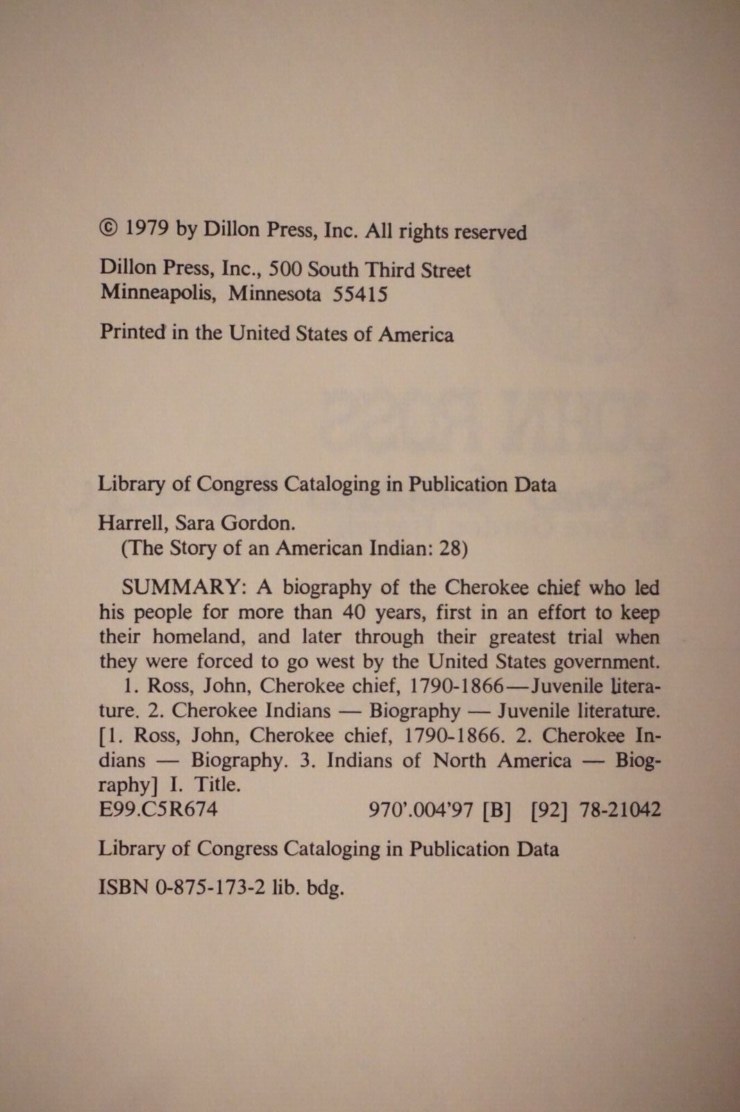 John Ross: The Story of an American Indian by Sara Gordon Harrell 1979 Signed