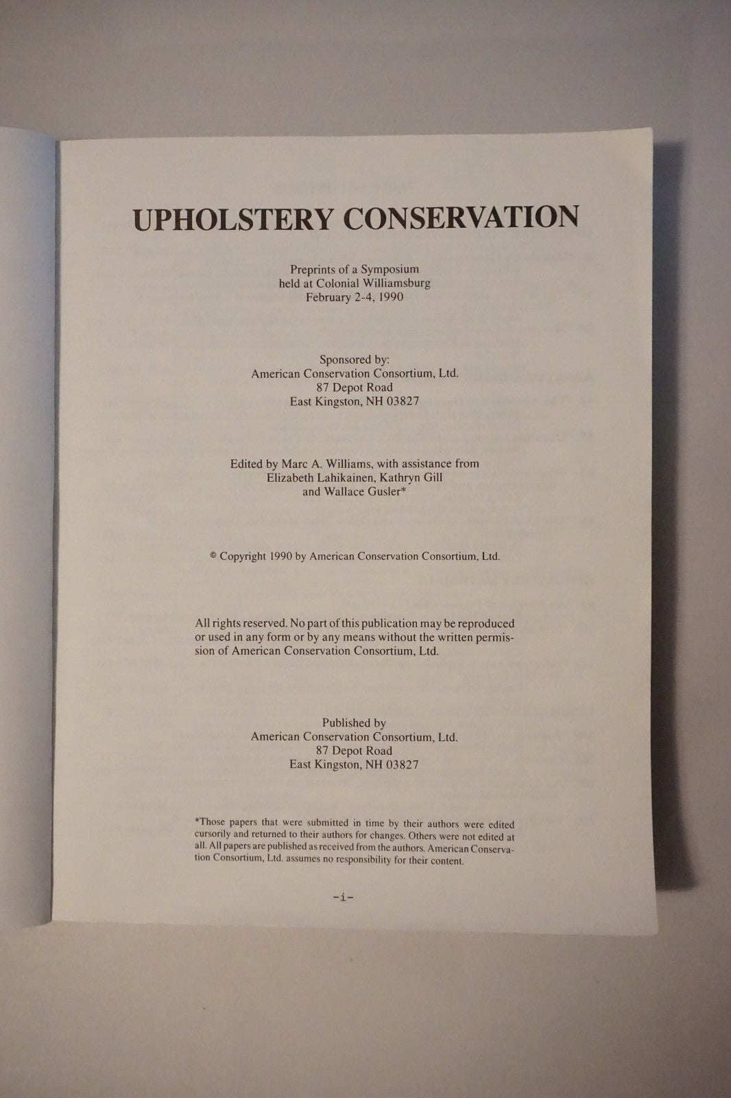 Upholstery Conservation by Marc A. Williams 1990 Softcover
