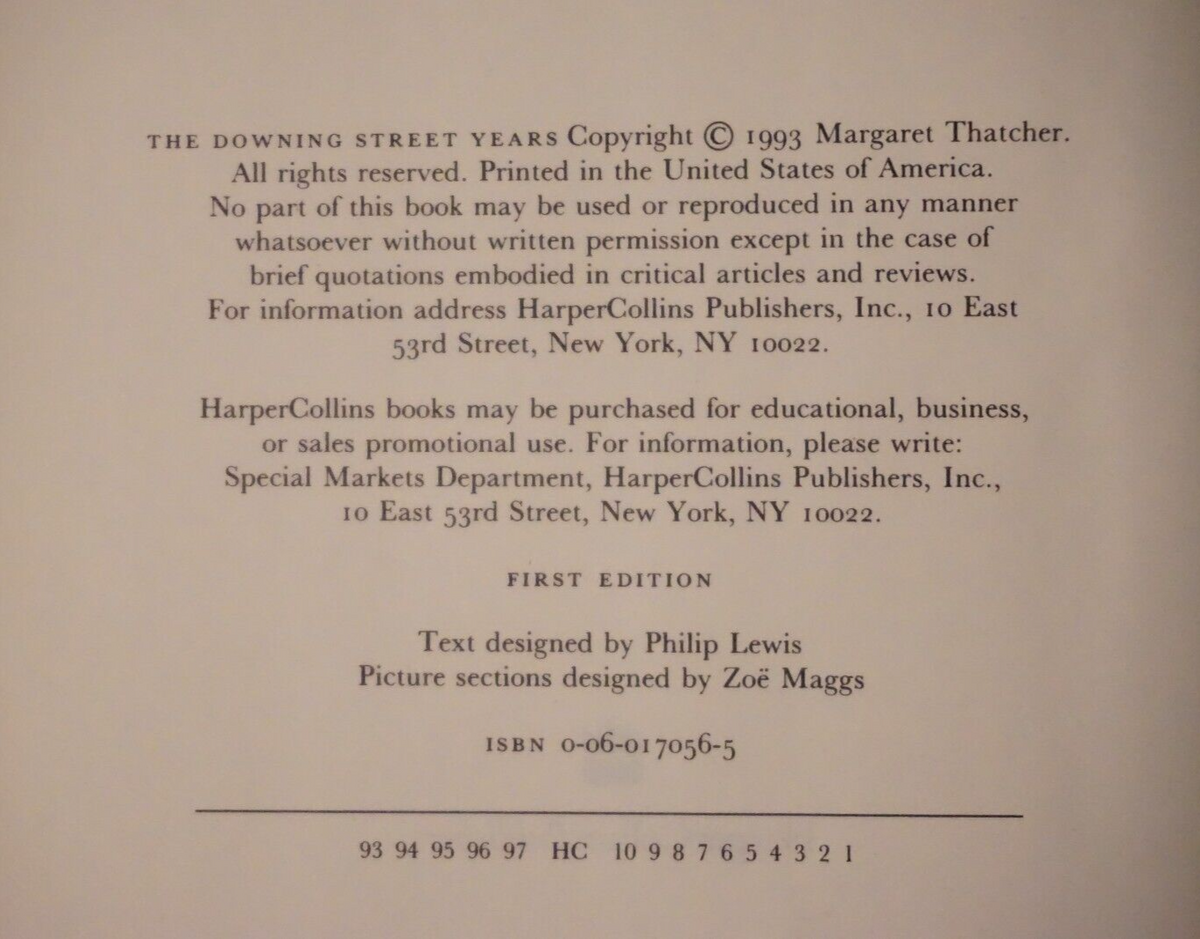 The Downing Street Years by Margaret Thatcher 1993 Signed HC DJ 9780060170561
