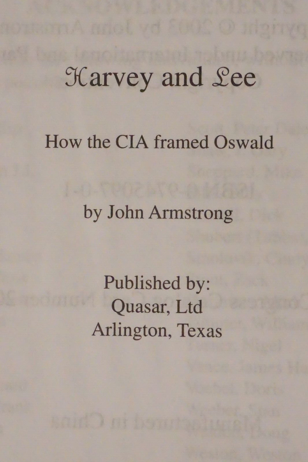 Harvey and Lee by John Armstrong 2003 HC DJ
