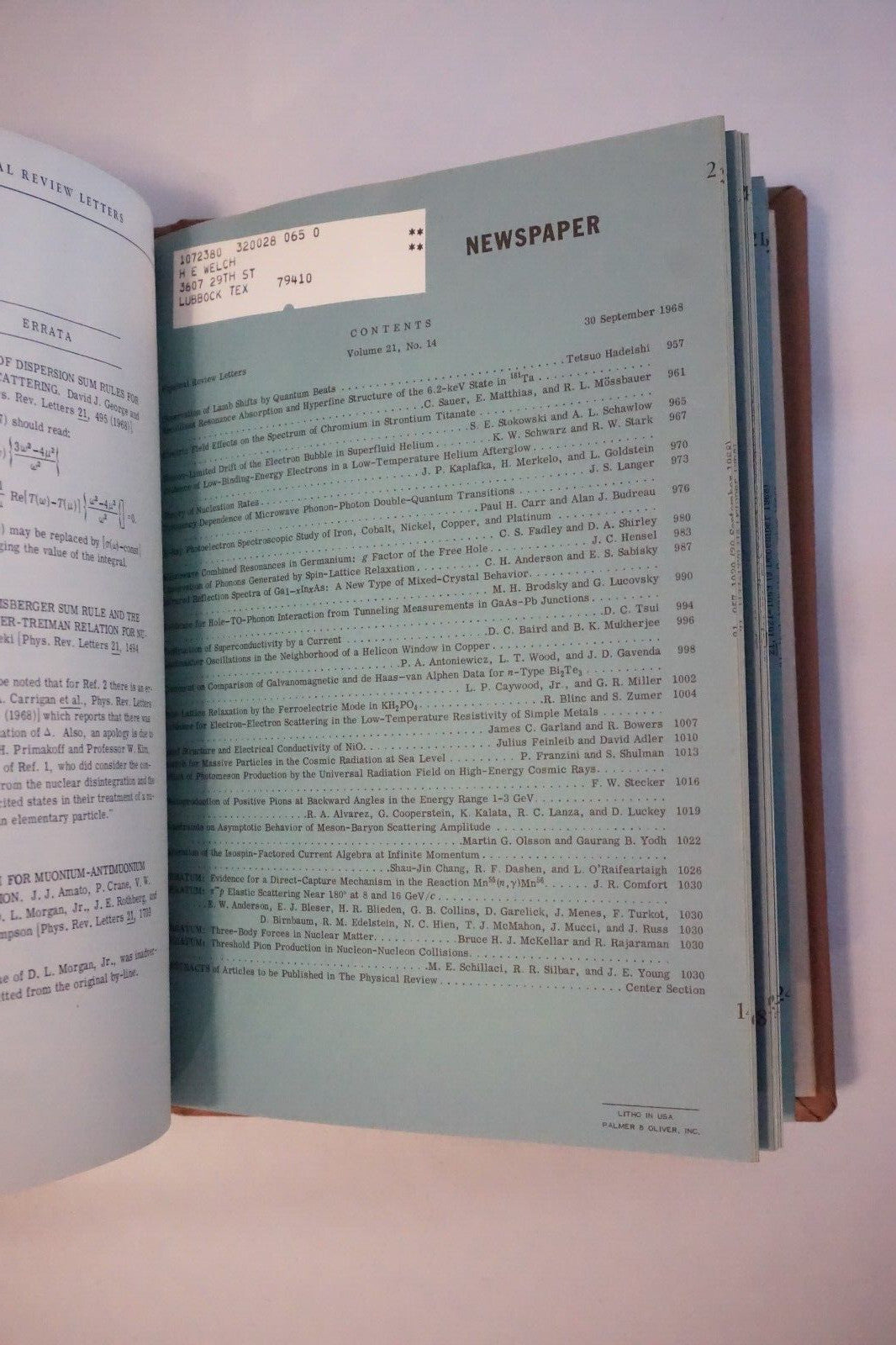 Physical Review Letters 1968 Volume 21 Number 1-26