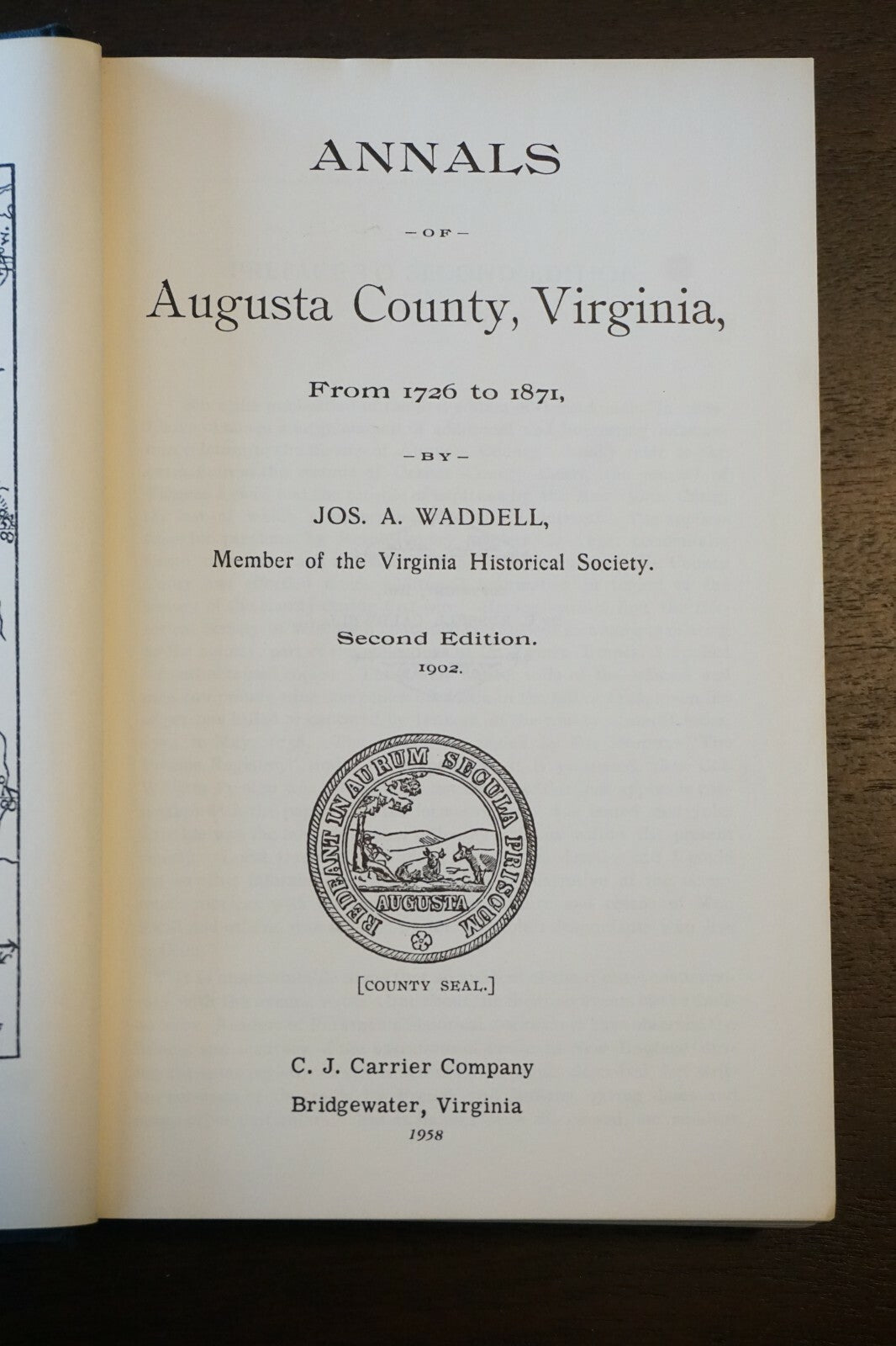 Annals of Augusta County Virginia 1726-1871 by Joseph Addison Waddell 1958 HC